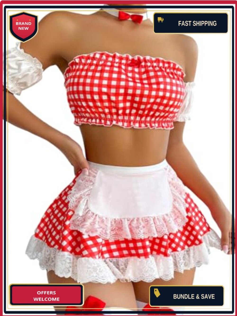 WDIRARA Plaid Lace Strapless Ruffle Maid Lingerie Costume Set